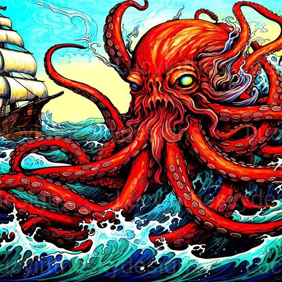 Kraken Sea Monster Sunken Pirate Ship Bright Art Print Wall Decor - Picture 2 of 4